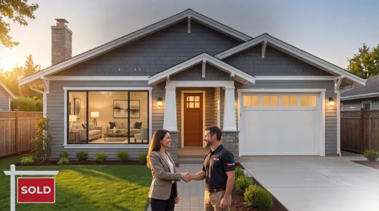 A realtor and a Poly B Plumbing Guys technician shaking hands in front of a sold home
